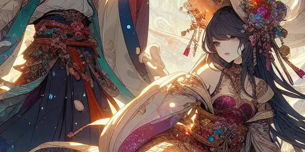 A vibrant fantasy scene featuring a mystical warrior and a seductive enchantress in a lush, enchanted forest.