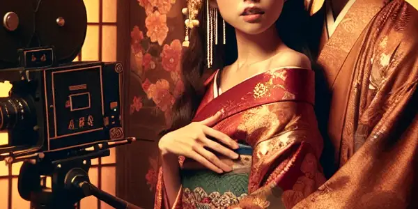 A passionate couple in a dimly lit Japanese room, adorned with traditional decor and elegant kimono attire.