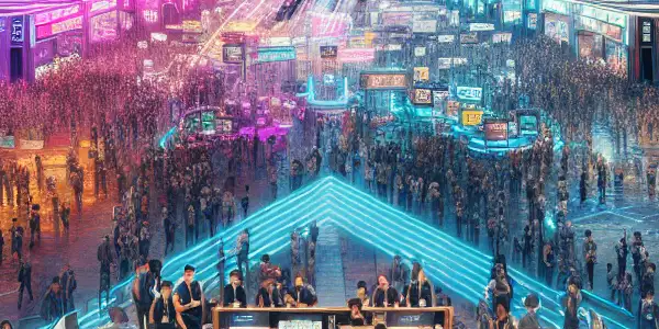 A bustling Las Vegas adult entertainment expo with diverse attendees, glamorous stars, and vibrant promotional displays.