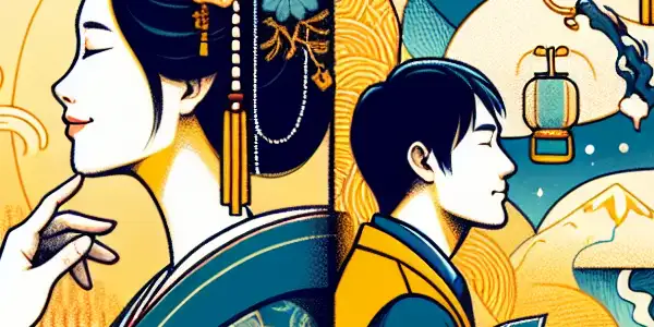 A split scene featuring a reflective woman in traditional attire and a confident man in contemporary clothing, symbolizing emotional independence.