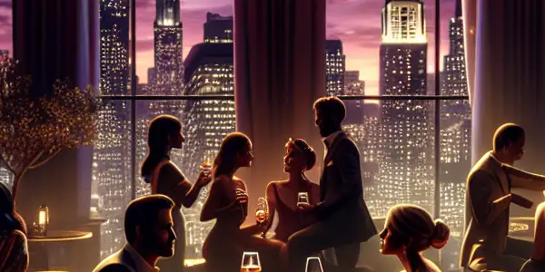 A sophisticated urban lounge at night, showcasing intimate conversations and diverse characters in a romantic atmosphere.