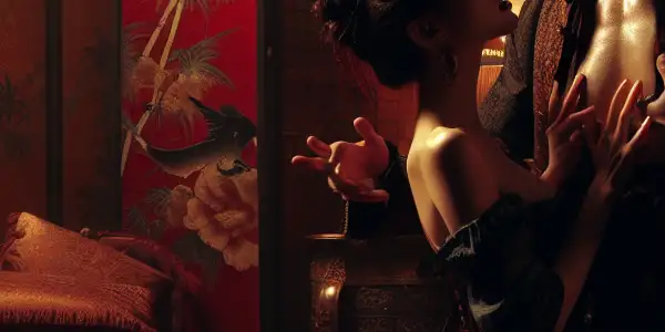 A dramatic, intimate moment between two characters in a luxurious, dimly lit room, evoking passion and desire.