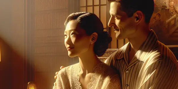 A couple shares a tender moment in a softly lit bedroom, surrounded by romantic and intimate elements.