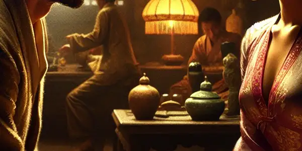 A dimly lit room with a man and woman in elegant attire sharing an intense, intimate gaze.