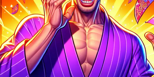 A cartoonish male character with a comical expression on a whimsical film set, surrounded by Japanese pop culture elements.