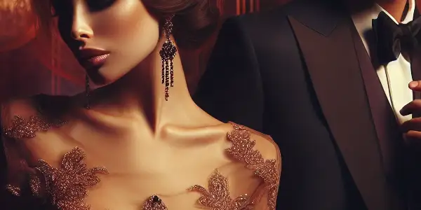 An elegantly dressed couple in a luxurious, dimly lit room, exuding mystery and allure amidst a dreamlike atmosphere.