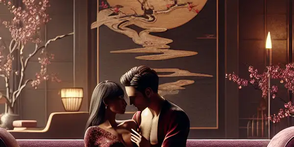 An intimate couple on a luxurious velvet sofa in a cozy, dimly lit living room with Japanese cultural elements.