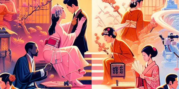 A split scene contrasting Western romantic intimacy with Japanese narrative-driven adult entertainment, highlighting cultural differences in aesthetics.