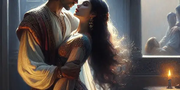 A passionate couple embraces in a dimly lit room, surrounded by symbols of forbidden romance and intimacy.