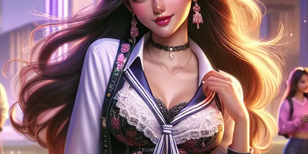 A charismatic female student in a vibrant Japanese university setting, surrounded by cherry blossoms and lively classmates.