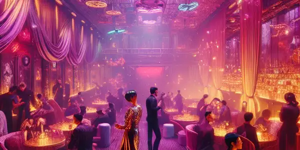 A vibrant underground party in Hong Kong, featuring stylish attendees and a seductive, electric atmosphere.