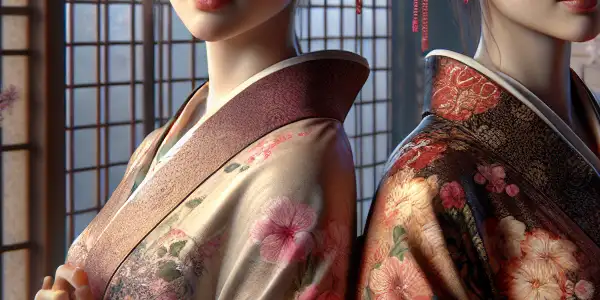 Two female twins in elegant kimonos stand in a traditional Japanese room, surrounded by cherry blossoms and soft lighting.