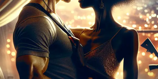 A passionate embrace between a handsome man and captivating woman in a dimly lit, luxurious bedroom with military hints.<a href=