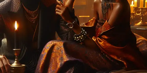 An intimate couple in a dimly lit, elegant room, surrounded by luxurious fabrics and subtle BDSM elements.