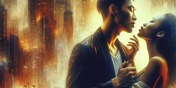 A passionate couple embraces in a vibrant urban twilight, surrounded by city lights and a gentle rain.