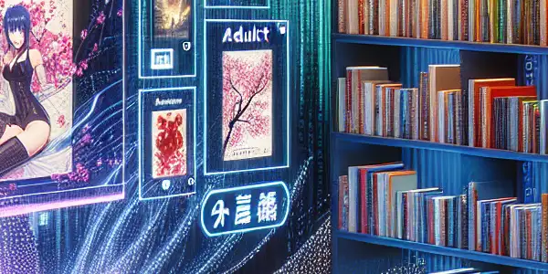 A futuristic digital library showcasing erotic literature and Japanese adult films with vibrant visuals and a warm atmosphere.