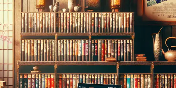 A cozy vintage room filled with Japanese adult film memorabilia, featuring a bookshelf, armchair, and soft ambient lighting.