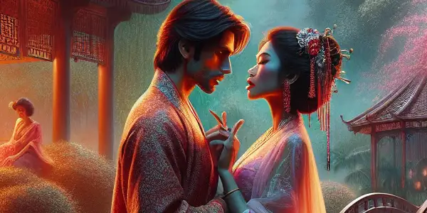 A passionate couple embraces in a blooming cherry blossom garden, symbolizing romance and desire.