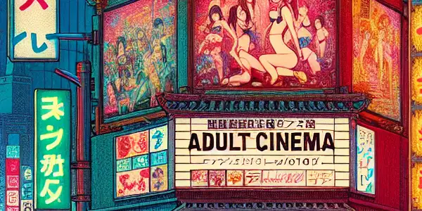 A lively Tokyo street scene in the 1980s, featuring neon lights, retro cinemas, and diverse crowds celebrating adult film culture.