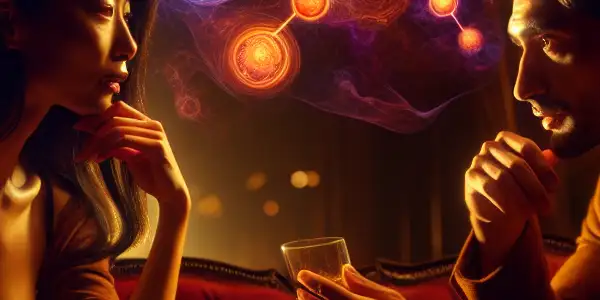 A couple engaged in deep conversation in a dimly lit, intimate setting, exploring themes of intimacy and desire.