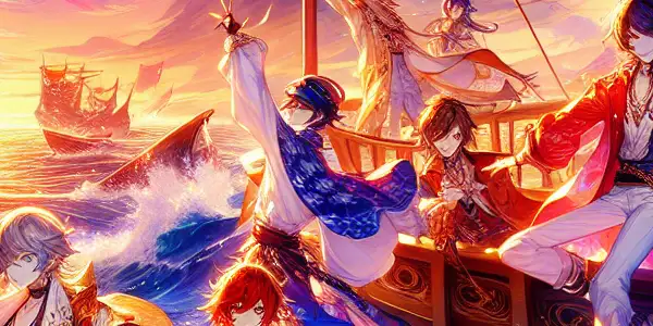 Anthropomorphized ship girls in a vibrant ocean setting, engaging in playful, flirtatious adventure under a twilight sky.