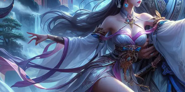 A passionate swordsman and warrior embrace in a mystical Chinese landscape under a moonlit sky.