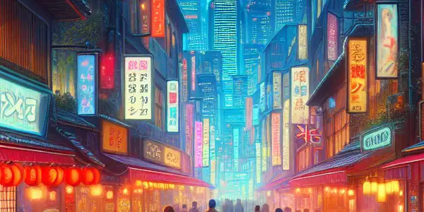 A lively red-light district at night, illuminated by neon lights and bustling with diverse crowds and traditional architecture.