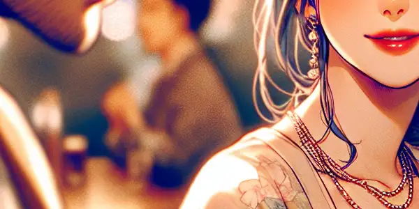 A male and female character share an intense moment of eye contact, conveying a fleeting emotional connection in a cozy setting.